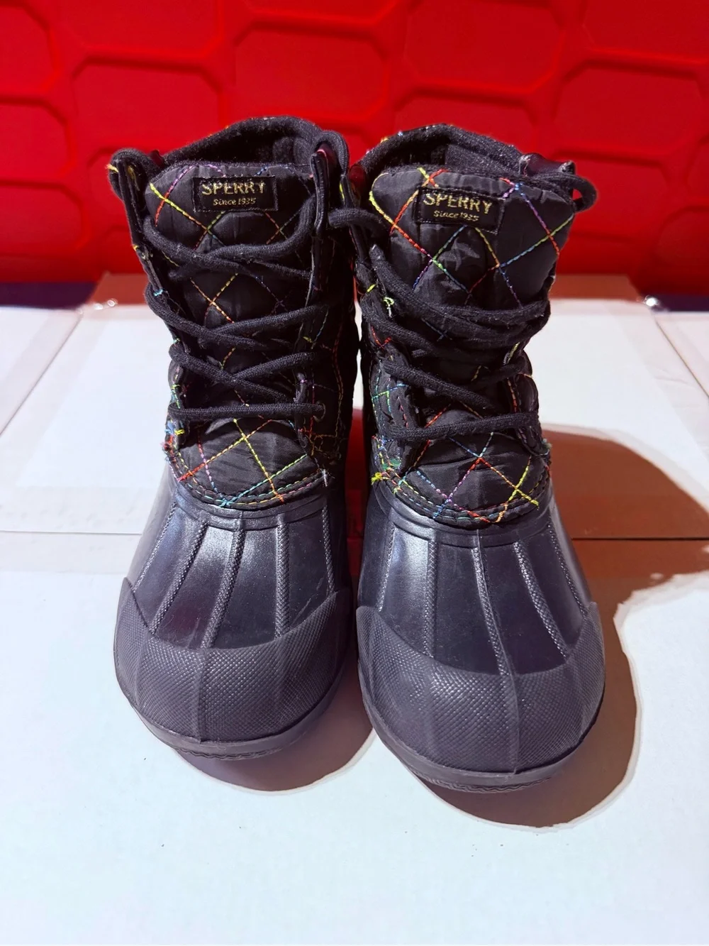 Sperry Kids Black Duck Boots with Multicolor Quilted Stitching